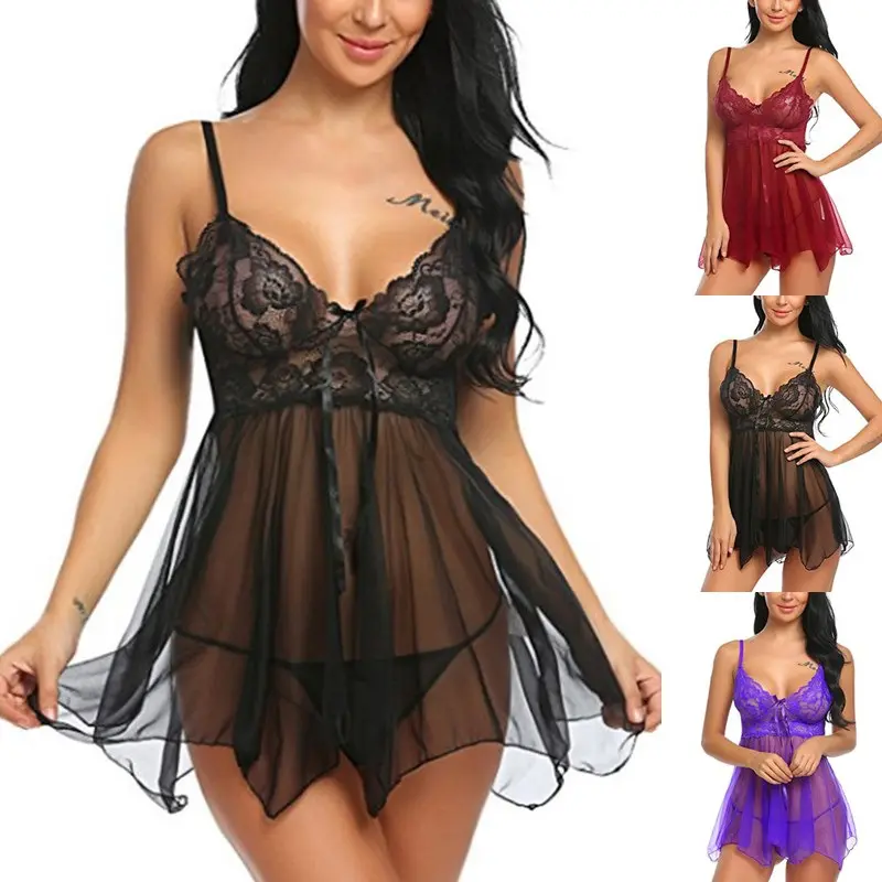 सेक्सी नीचे पहनने के कपड़ा महिलाओं रेशम फीता बागे पोशाक जाँघिया Babydoll Nightdress Nightgown नाइटवियर 2 pcs सेट अधोवस्त्र देवियों सेक्सी