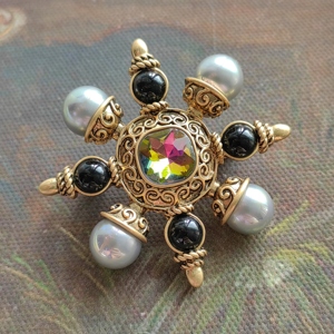 Vintage High-End Style Gold <strong>Brooches</strong> with Inlaid Diamonds and Pearls Antiqued Coins Accessories - Product Image 5