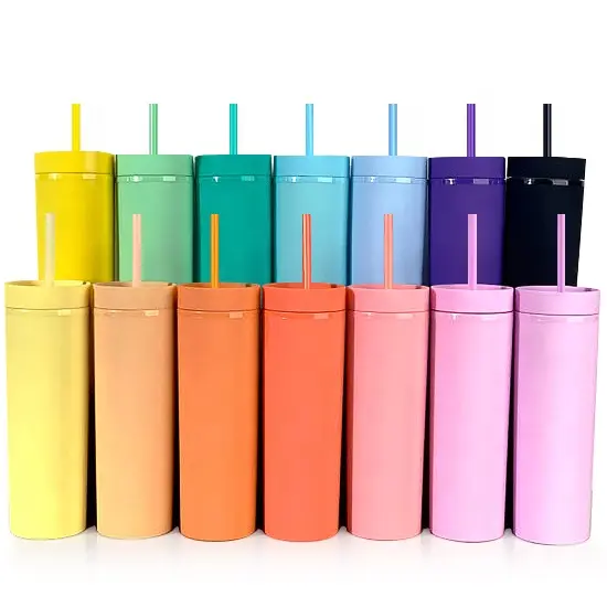 16oz Cylinder 480ML Plastic Travel Mug Acrylic Matte Skinny Tumbler Personalized Plastic Cup With Straw