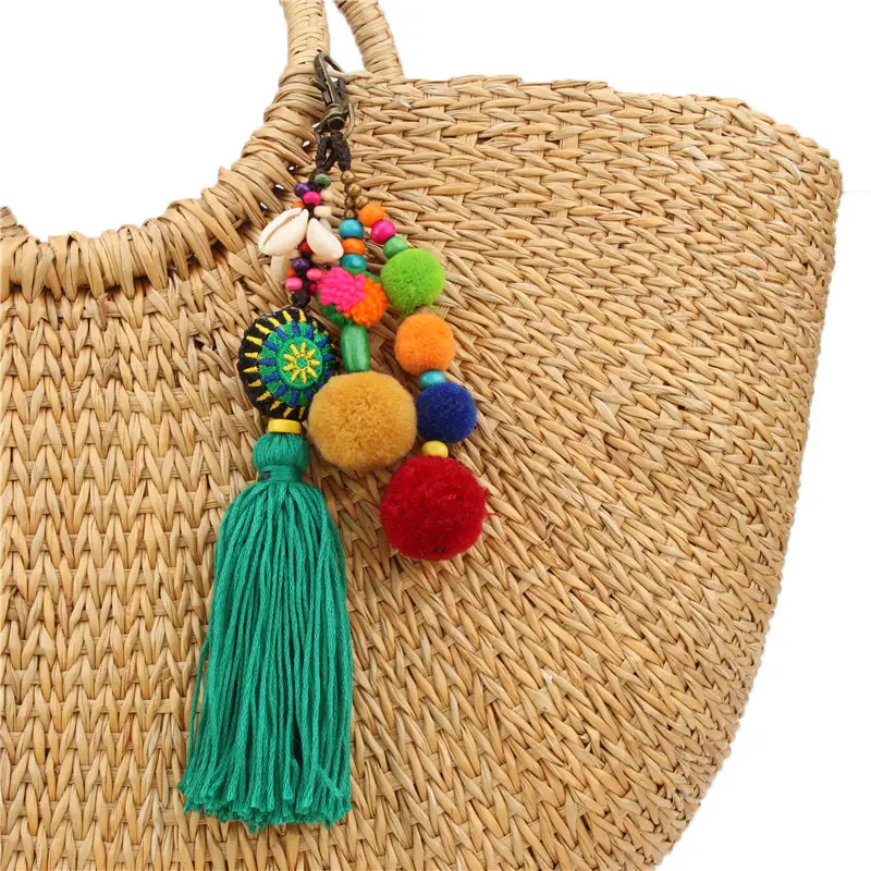 2023 New Trendy Bohemian Colorful Pom Pom Bag Charm Tassel Keychain Summer Embroidered Pompom Bag Chain with Cowrie Shell