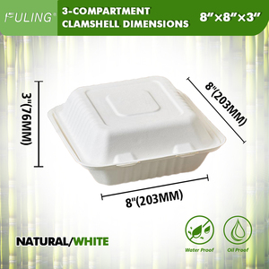 FULING endonezya fabrikası 8 "x 8" x 3 "3 bölme Bagasse menteşeli gıda kabı biyobozunur kapaklı konteyner çıkar - Product Image 2