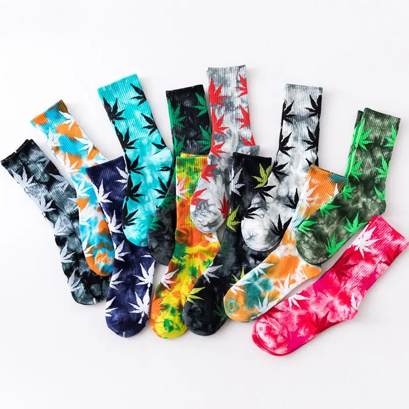 2022 Hot Sale Custom Design Mens Street Leaf Hip Hop Tech Sports Wear Colorful Weed tie dye Socks