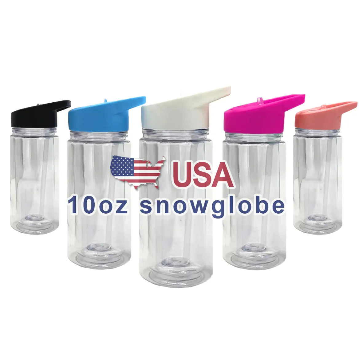 Usa Magazijn Bpa Gratis Voorgeboorde 10Oz Sneeuwbol Clear Cup Sneeuwbol Kinderen Plastic Waterfles Met Flip-Deksels En Sippy Stro