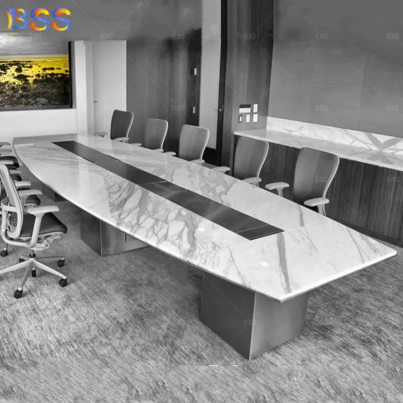 Mesa para sala de conferencias, escritorio a la venta, diseño moderno, tamaño personalizado, barco largo en forma de mármol de Carrara, mesa de reunión de Oficina de lujo