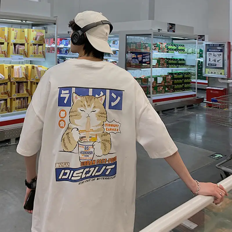 Kedi karikatür grafik erkekler Tshirt Casual Baggy kısa kollu organik pamuk T-shirt japon tarzı boy T Shirt erkek giyim