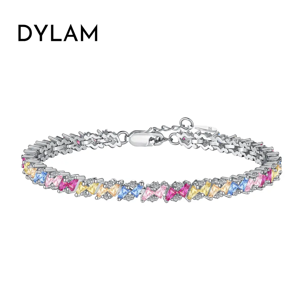 Dylam Eternity Band Colorful S925 Sterling Silver Bracelet Jewelry Set Cubic Zirconia Pink Stone Diamond Tennis Bracelets Women