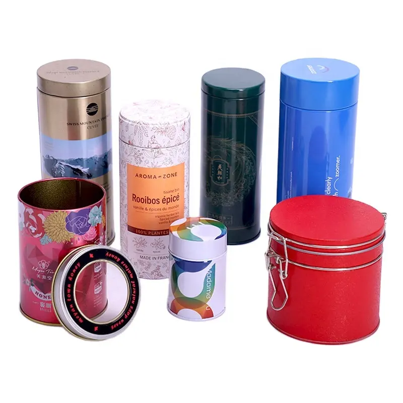 Tùy Chỉnh In Ấn Vòng Kim Loại Kín Lỏng Trà Tin Có Thể Canister Xi Lanh Cà Phê Đậu Lưu Trữ Container Tin Jar Bán Buôn