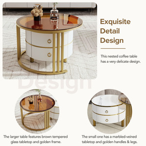 Mesa de centro apilable de 27,5 ''y 19,6'' con 2 cajones, mesas anidadas con vidrio templado marrón y mesa de mármol de alto brillo - Product Image 5