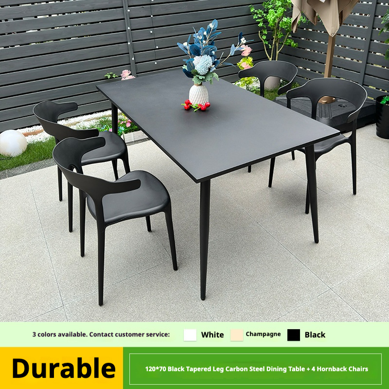 120*70cm black cone foot steel long table with 4 corner chairs