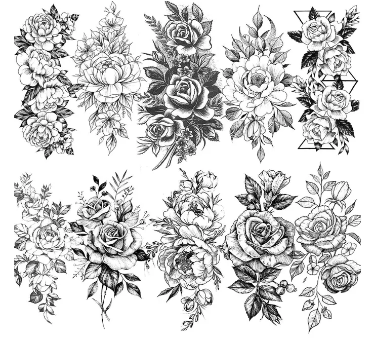 10 Blatt 3D Big Rose Pfingstrose Blume Mädchen Temporäre Tattoos für Frauen Wasserdichte schwarze Tattoo Aufkleber 3D Blossom Lady Schulter