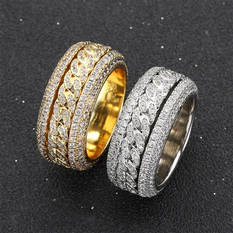 Новый дизайн хип-хоп позолоченное кольцо со льдом ювелирные изделия вращающийся кубический цирконий камень кольцо для мужчин и женщин