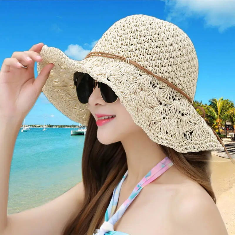 Sombrero de paja barato para mujer de verano al por mayor, sombrero de cubo de paja plegable tejido de ganchillo hecho a mano para niña