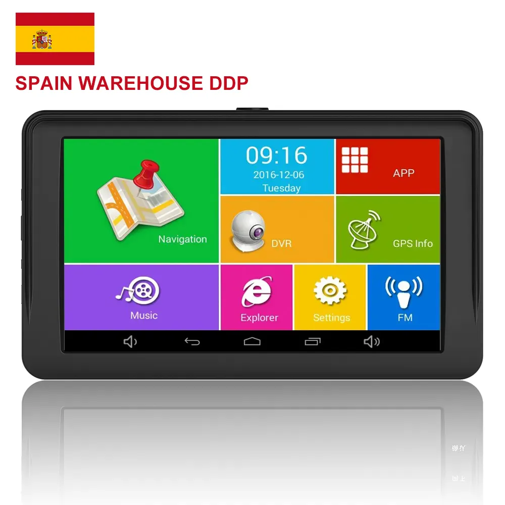 DDP-navegador gps con android, dispositivo ddr768M con mapa gratuito, 16G, 7 pulgadas, wifi, dvr, 1,3 ghz, almacén de España