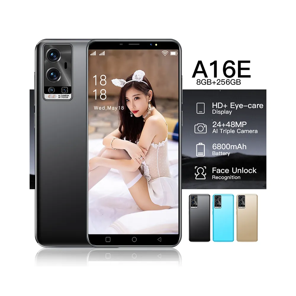 Nieuw Ontwerp Origineel A16e 4G Smart Mobiele Telefoon Dual Sim 8G + 256Gb 24mp + 48Mp Dual Camera Telefoon Mobiele Telefoons