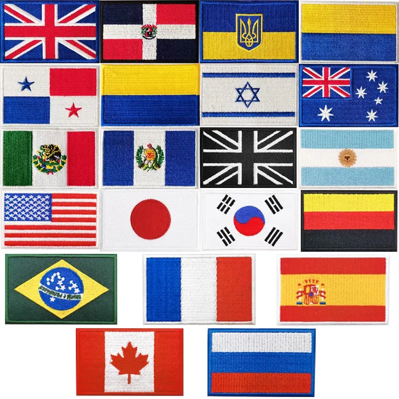 Parches de gancho y lazo de bordado tejido con respaldo mágico de diseño de bandera de varios países personalizado para ropa