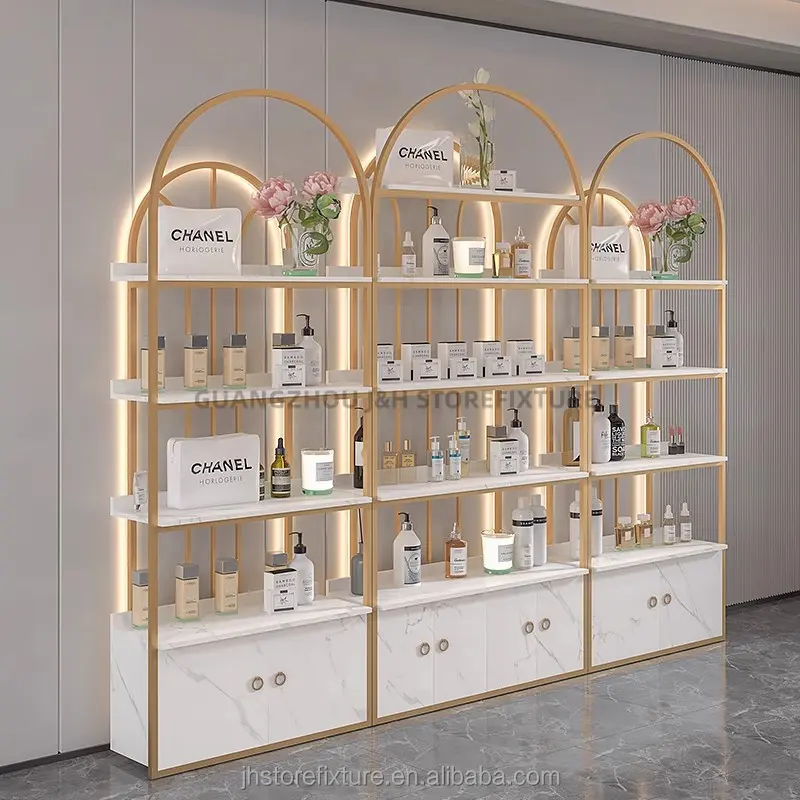 Fábrica venda quente prateleiras do salão de beleza cosméticos display stand com gabinete e luz Janela exibir prateleira cosméticos display rack