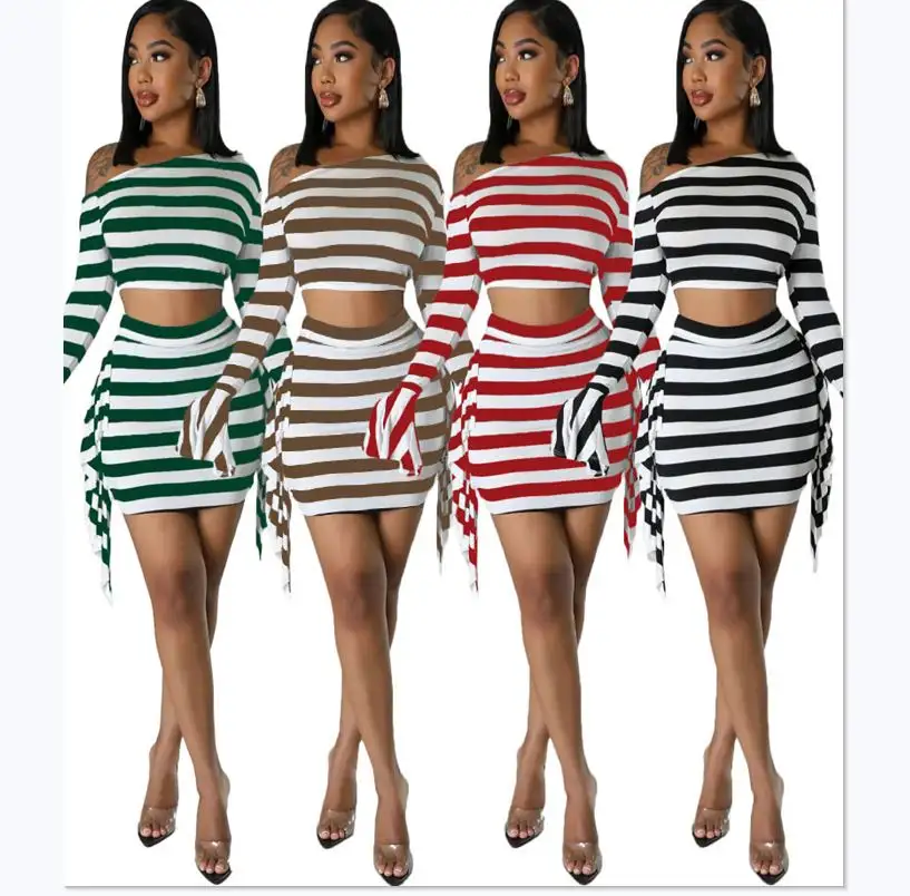 2023 New Stylish Black And White Stripe Print One Shoulder Long Sleeve Sexy Mini Skirt Two Piece Set