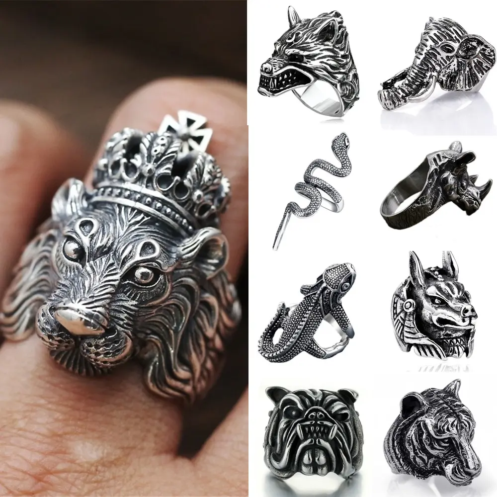 Retro Punk Open Ring Adjustable Lion Snake Ring for Man