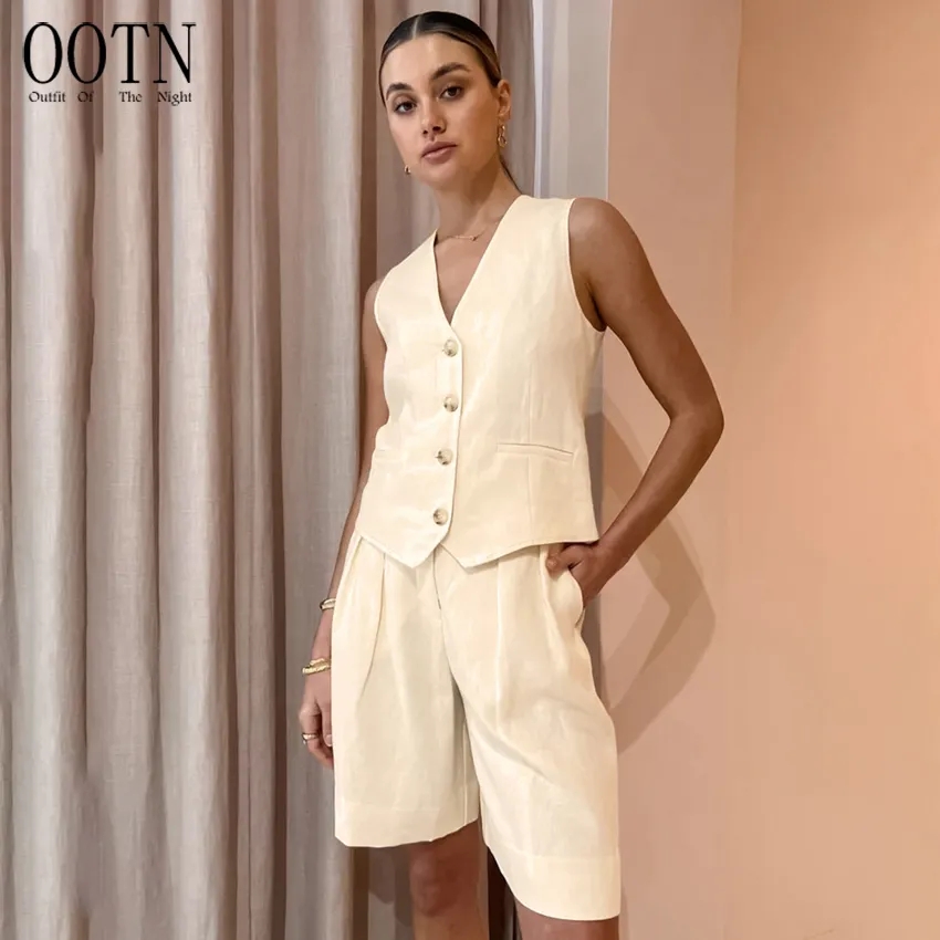 OOTN Summer 2023 2-Piece Office Outfits Button Tank Tops And Wide Legs Shorts Casual Sets Beige Cotton Linen Blazer Suits