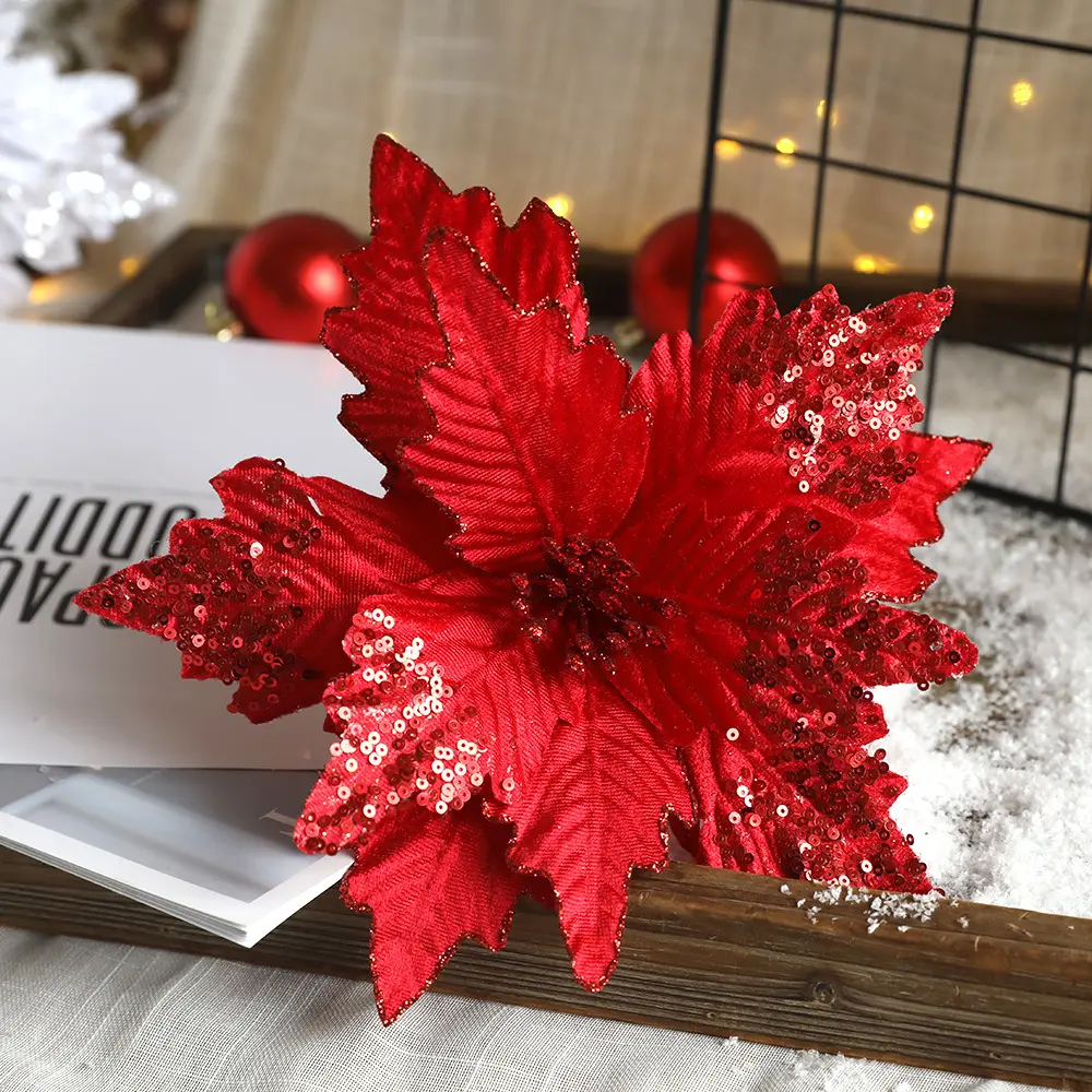 Flores artificiales de terciopelo rojo, decoración de flores artificiales, arreglo de árbol, flores de Navidad, 25cm, precio bajo