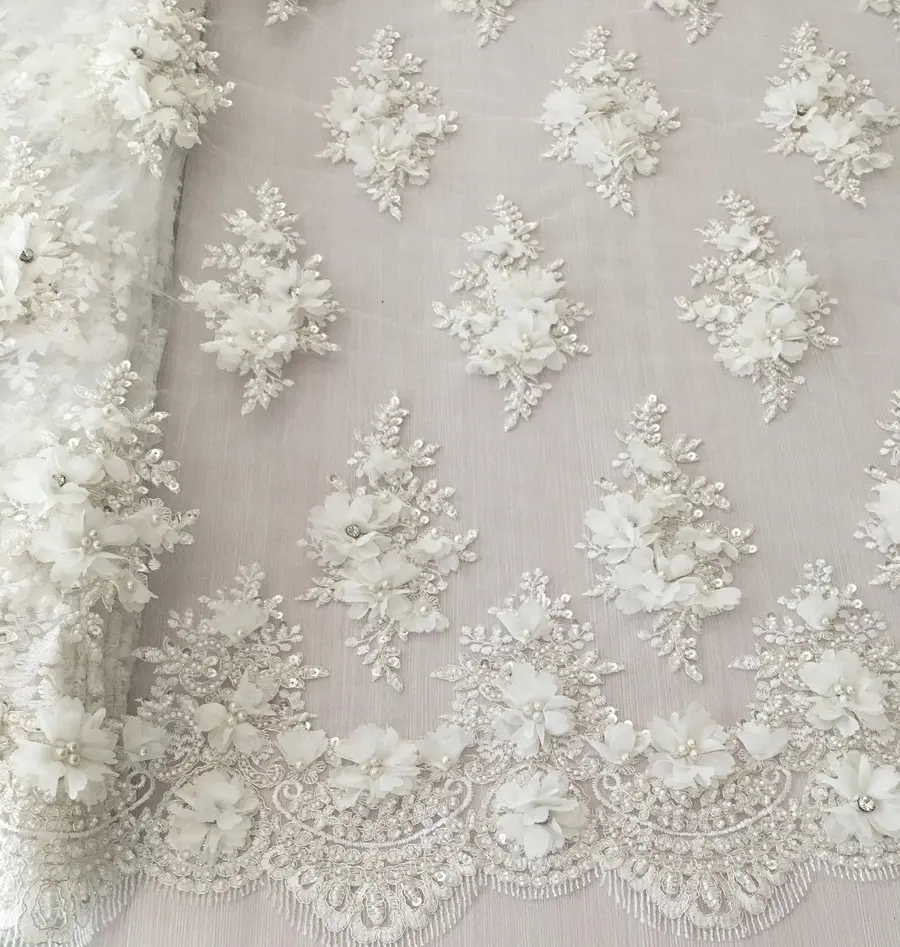 new design bridal 3d lace fabric/ machine beaded pearls embroidery lace fabric with 3d flowers and rhinestones for wedding dress