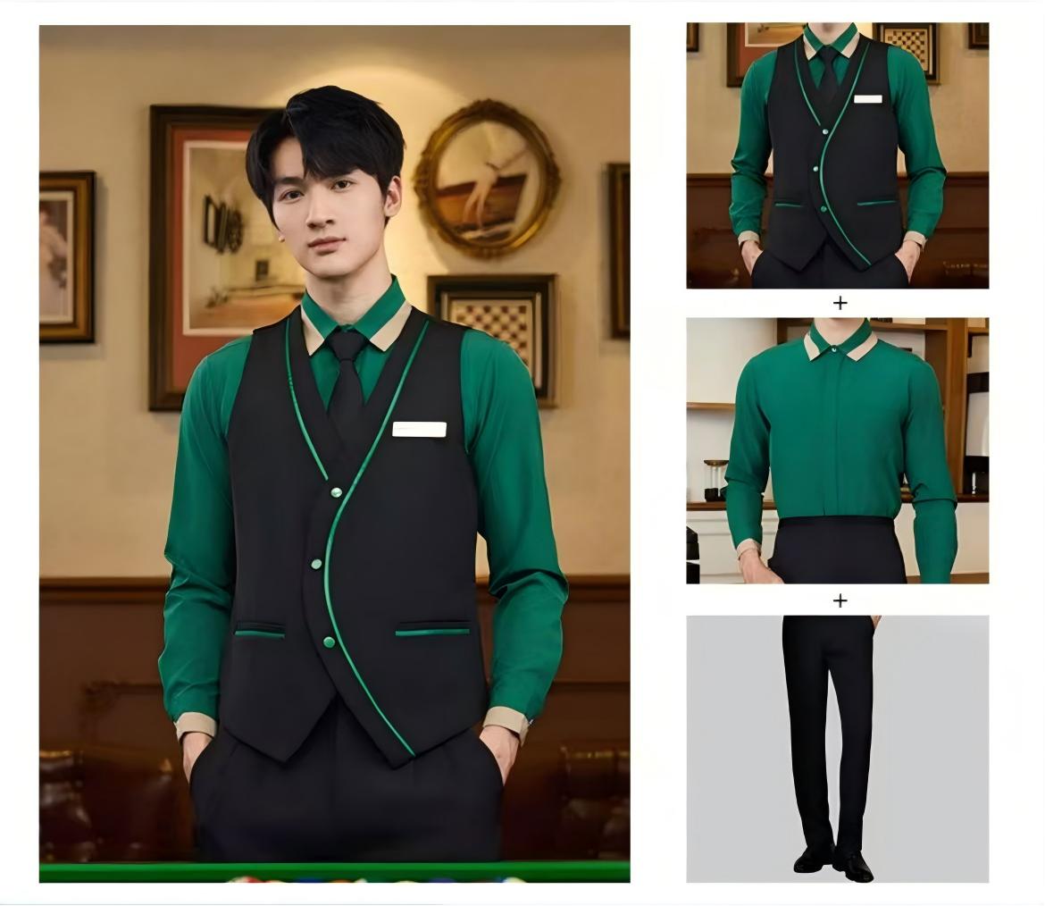 Conjunto de 3 piezas para hombre: camisa verde + chaleco + pantalón negro