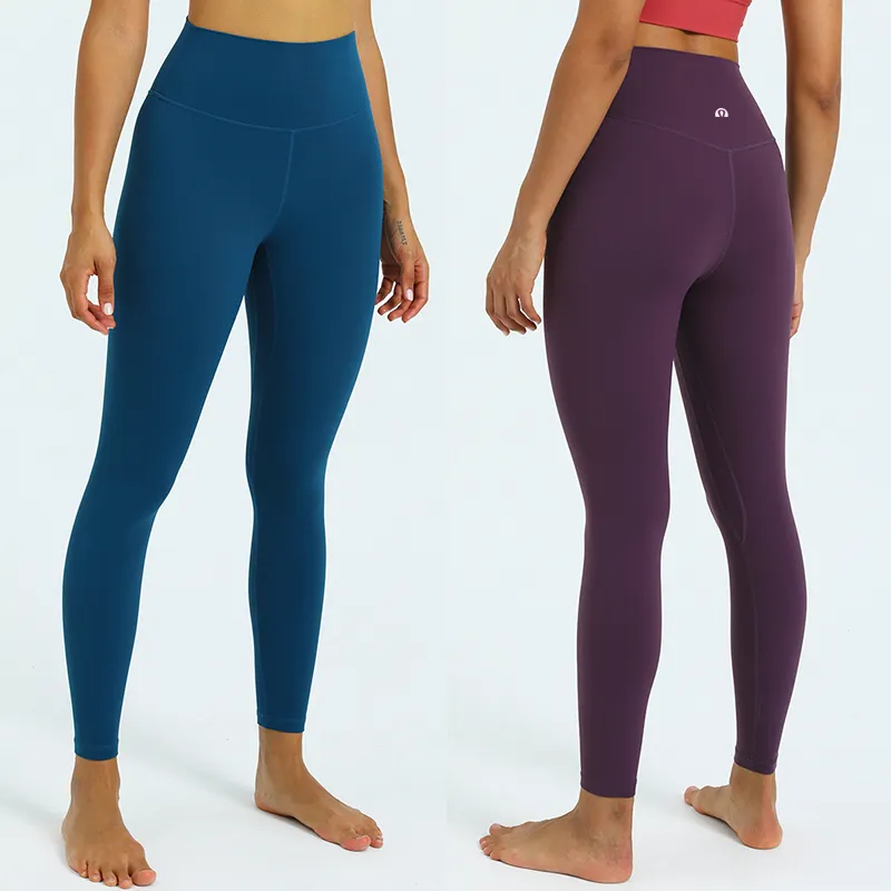 Venta al por mayor pantalones de yoga ajustados de cintura alta de las mujeres desnudas deportes Lulu leggings sin líneas embarazosas