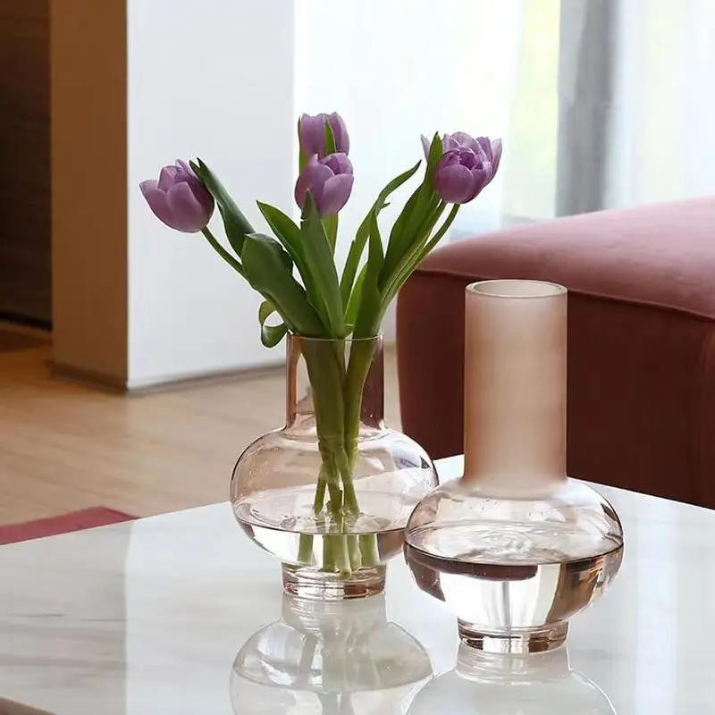 Rosa Glas kleine Vase Netz rot ins Wind nordischen Stil Dekoration dicken Bauch transparent Wohnzimmer Desktop Blumen arrangement Vase