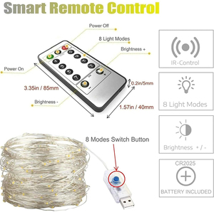 Alambre de cobre alambre Hada 10m 100Led impermeable IP65 control remoto cadena led luces led usb de cobre luces de cadena - Product Image 6