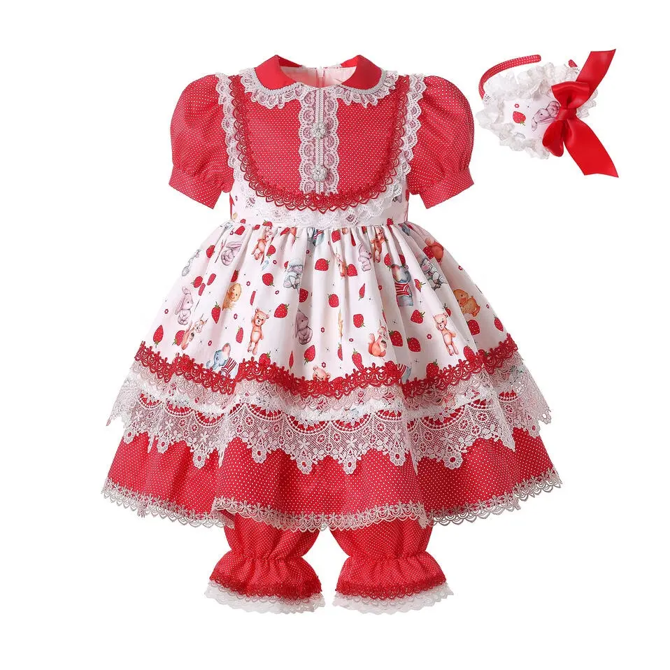 Pettigirl vestidos bonitos para crianças, vestidos florais vermelhos para meninas, conjunto de 2 peças com calças curtas para 3 anos de roupas com faixa de cabelo