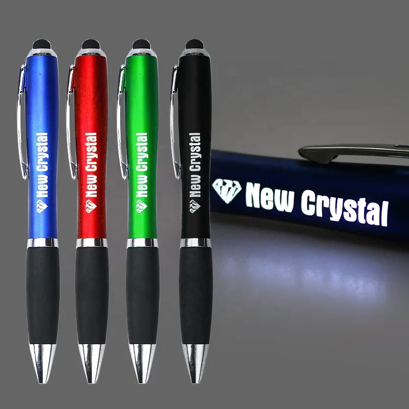 Stylo promotional pen laser enhraved logo custom led light up pens with stylus with custom light logo