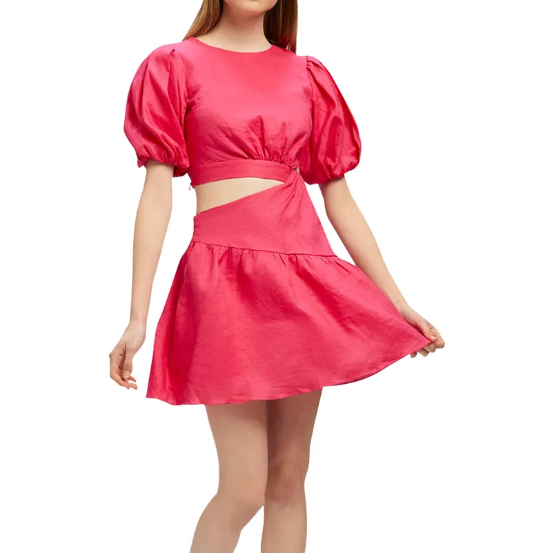 Custom High Quality 100%Cotton Crew Collar A-Line Hollow Out Irregular Pleated Dress Women Party Prom Mini Dress Elegant