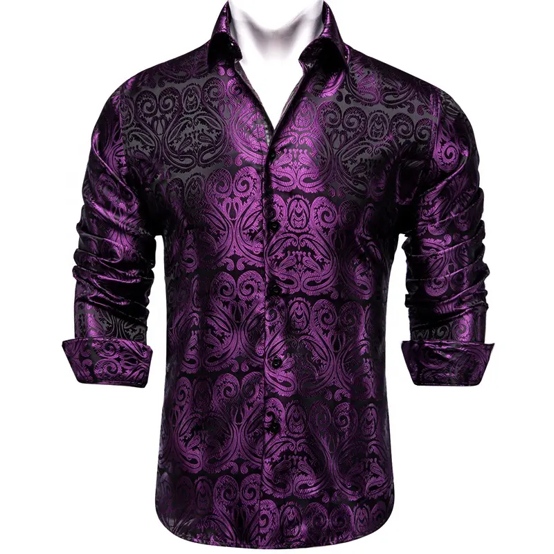 Chemises grande taille pour hommes violet gris Paisley Jacquard tissé robe boutonnée décontractée à manches longues chemise en soie florale fête mariage