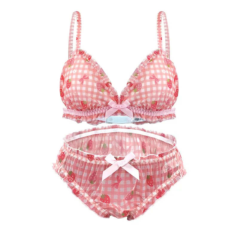 Bikini de playa personalizado de dos piezas con estampado de fresas y lazo de encaje, traje de baño para mujer