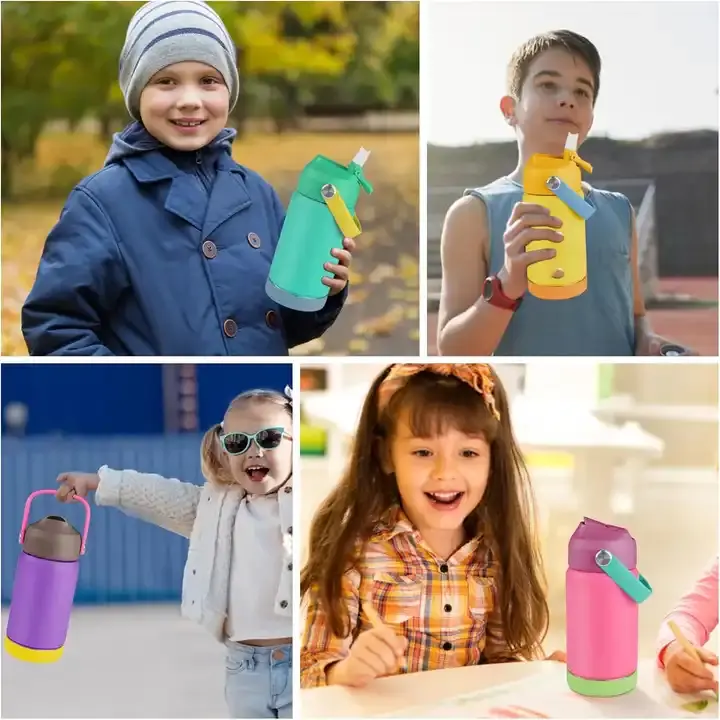 12 oz Stainless Steel Water Bottles Kids Insulated Water Garrafa com Silicone Boot Leak Proof Water Bottles for Kids