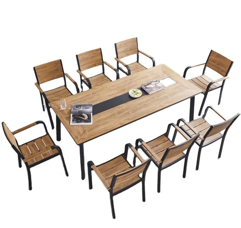 Mesa rectangular de madera de plástico para exteriores, mesa de comedor con sillas para balcón y cafetería
