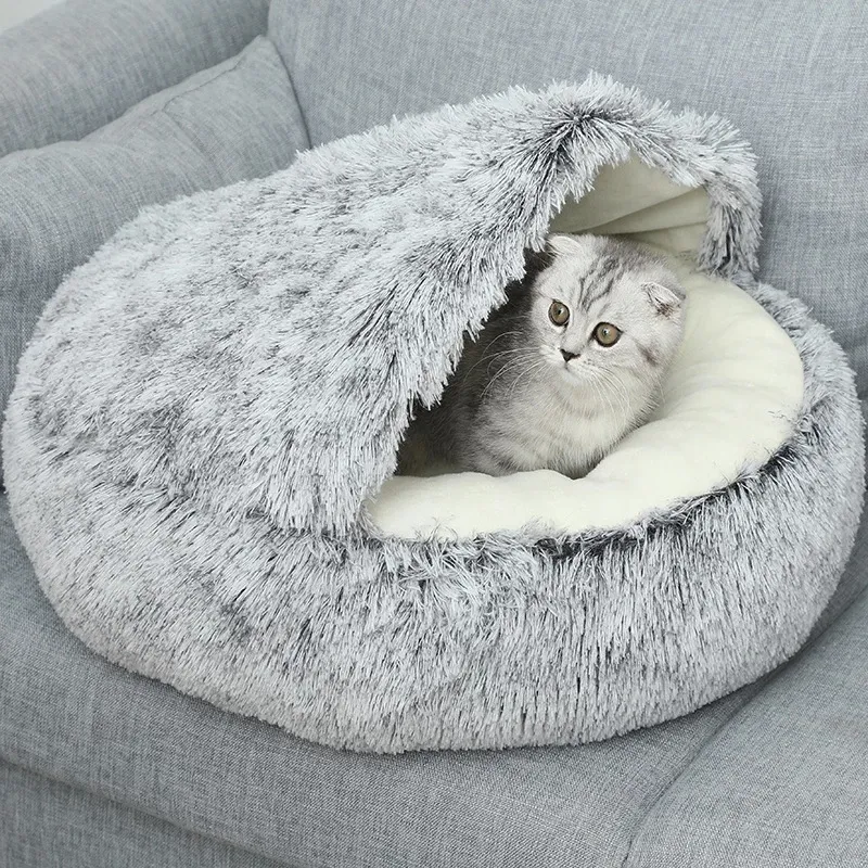 Tempat Tidur Hewan Peliharaan Kucing Bulat Lembut Setengah Tertutup Yang Nyaman untuk Musim Dingin