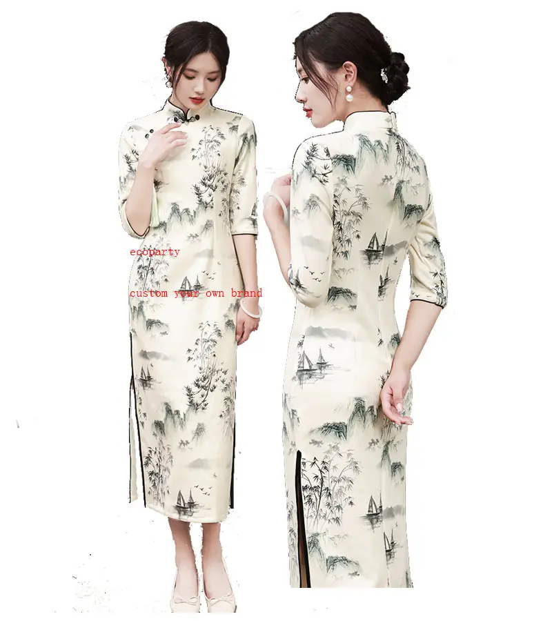 Ecoparto nuovo stile cinese migliorato cheongsam sexy mezza manica fibbia qipao abito squisita stampa a inchiostro vestido sottile