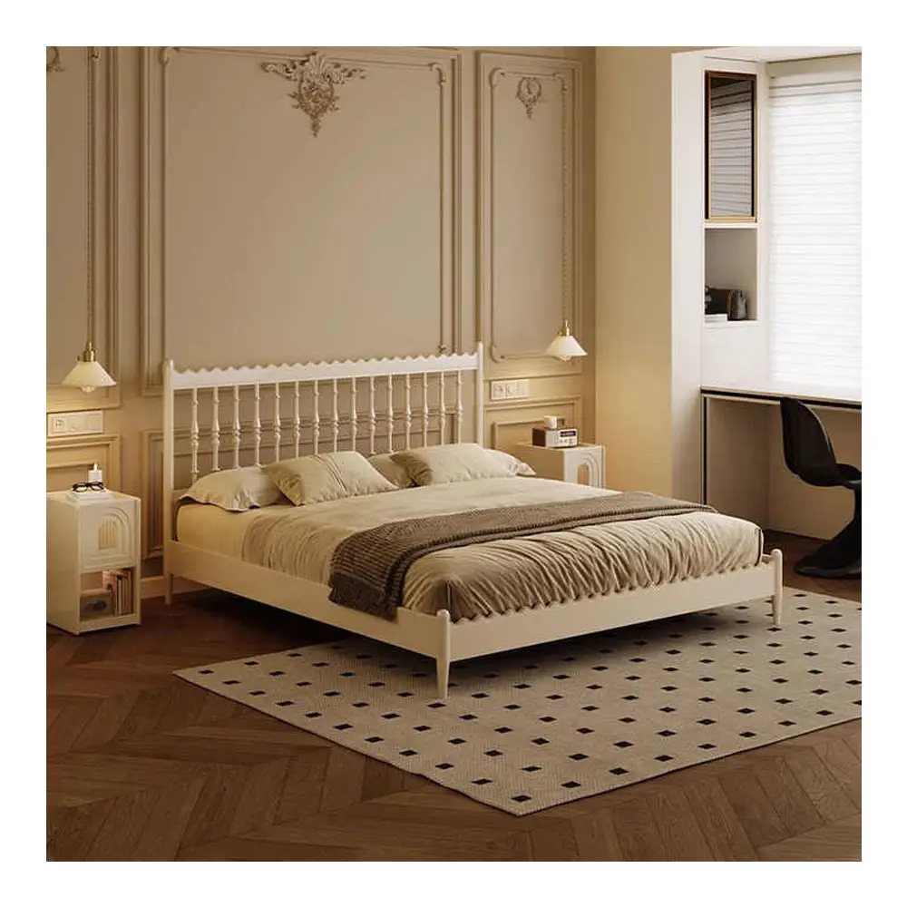 Французский Ретро Виндзор светлая роскошная кровать спальные наборы деревянная старинная римская колонна высокая нога двуспальная кровать