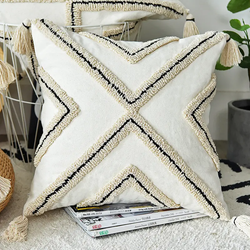 Capa de algodão texturizada de luxo, bordado, almofada boho, decorativo, feita à mão, travesseiro, capa rústica de almofada