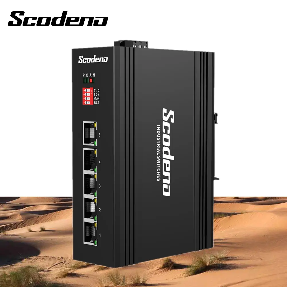 Scodeno DC48-58V IP40 Hızlı Endüstriyel 100M 1 RJ45 PoE 4 Port Ağ Anahtarı