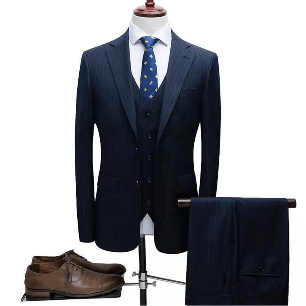 Abrigo de rayas azul oscuro para hombre, traje de negocios de alta calidad, diseños de fotos, ropa de boda, Turquía e Italia, 3 piezas