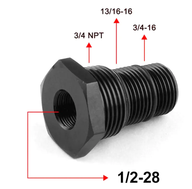 Adaptador Universal de filtro de aceite roscado para coche, accesorio negro de aluminio, 1/2-28 a 3/4-16 13/16-16 3/4NPT