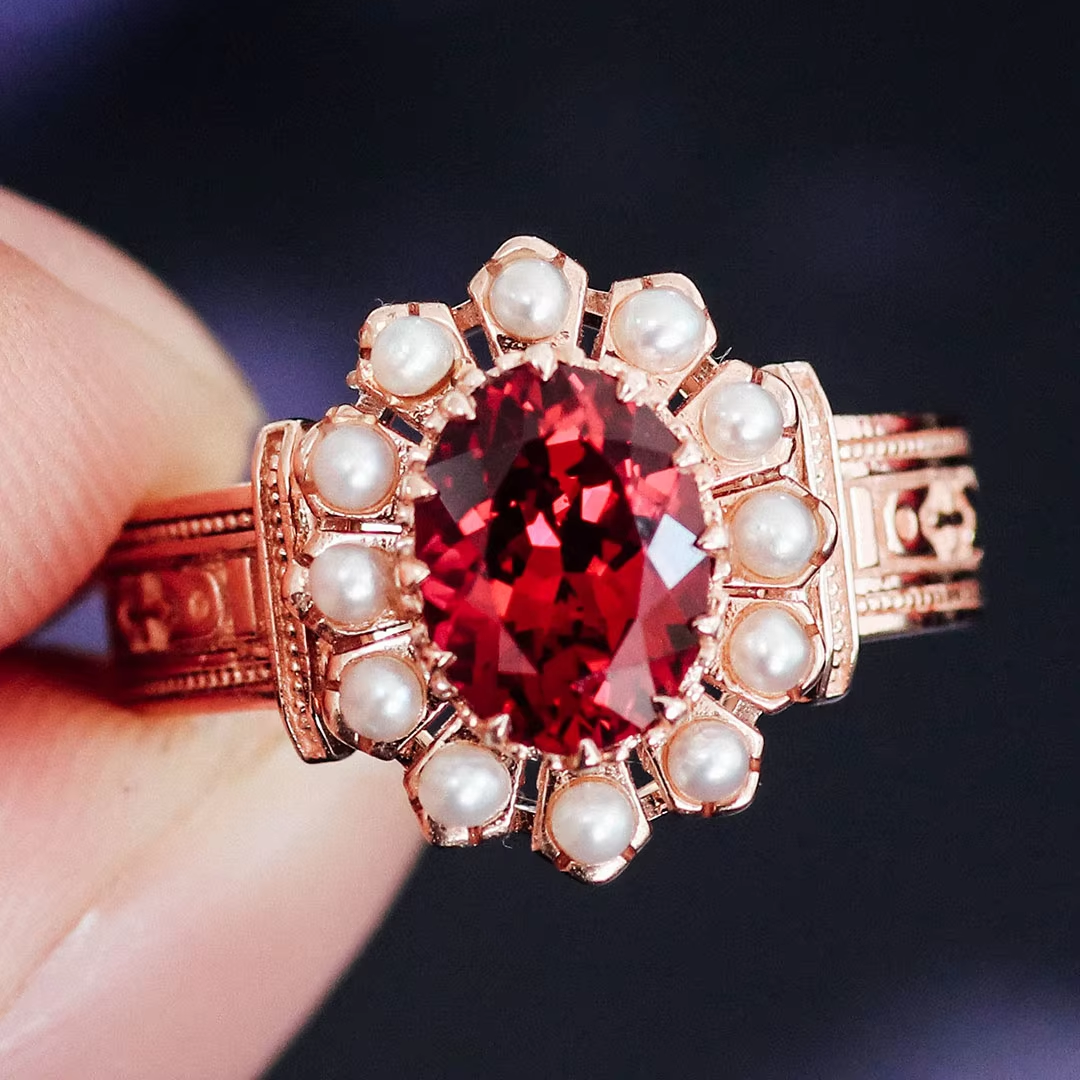 แหวนไข่มุกทับทิม Lab Ruby ทองแท้ 14k