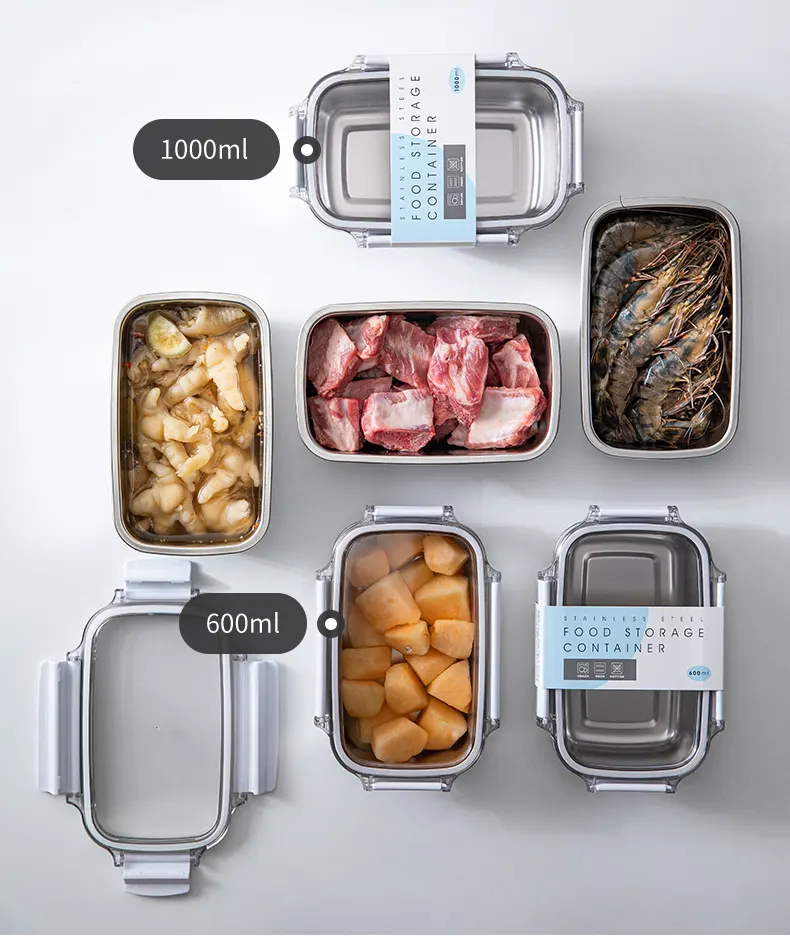 SHIMOYAMA Cozinha Carne Geladeira Congelador Container 600/1000ml/1600ml Aço Inoxidável Food Quick Freeze Box com Tampa Fugas
