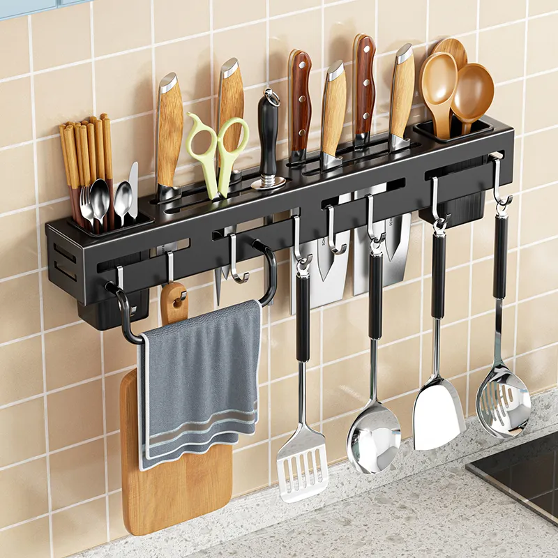 Organizador de almacenamiento montado en la pared, soporte de utensilios de cocina, cuchillo, cuchara, colgador de toalla, directo de fábrica