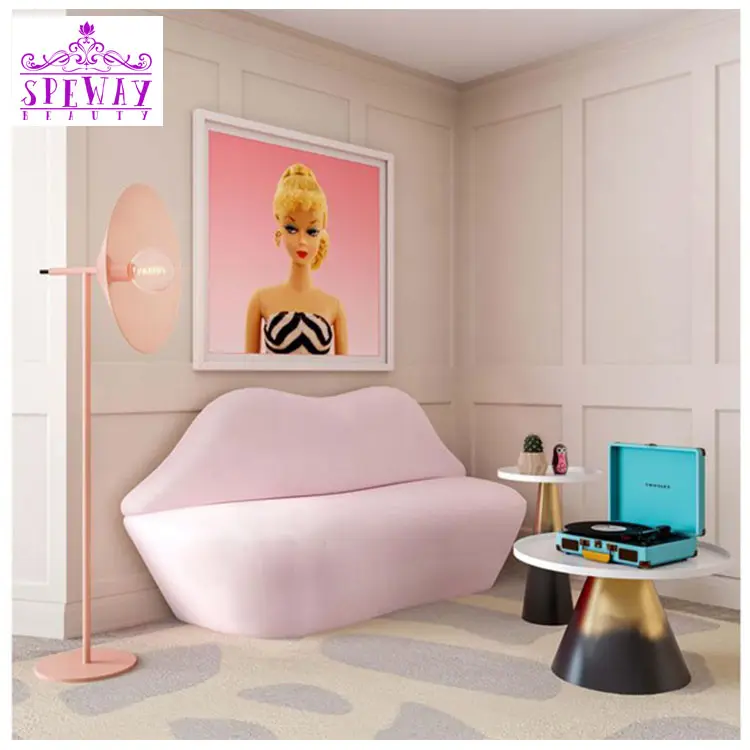 Foshan Speway Cheap price beauty salon waiting couch lips pink velvet fabric commercial sofa