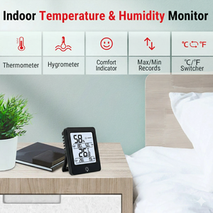 เครื่องวัดอุณหภูมิและความชื้นดิจิตอลในร่ม หน้าจอสัมผัส มีไฟแบ็คไลท์ ขนาดเล็ก จอ LCD วัดอุณหภูมิและความชื้น วัสดุพลาสติก สำหรับห้องนอน สำนักงาน บ้าน - Product Image 2