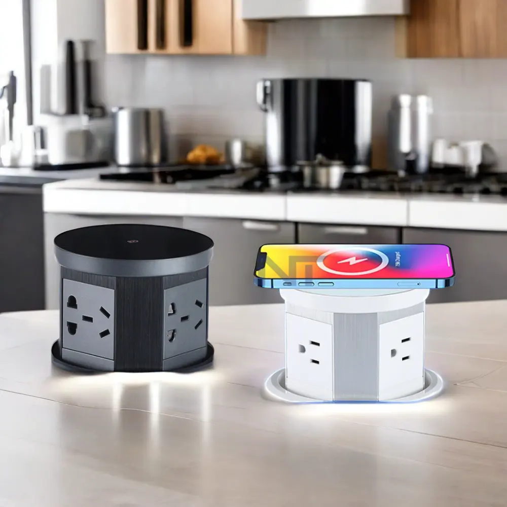 Presa a scomparsa su misura 3-Outlet a torre presa in PVC e alluminio per tavolo da cucina con caricabatterie Wireless prese Pop-Up Desktop