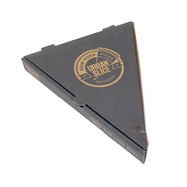 โรงงานกล่องกระดาษขายส่งหรูหราการออกแบบที่กำหนดเองกล่องอาหารกระดาษลูกฟูกสามเหลี่ยมสีดำกล่องพิซซ่า